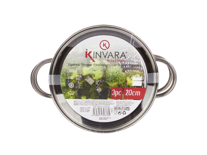Kinvara Vaporera de Acero Inoxidable 2 Piezas, Capacidad 2.5 L, Tapa de Cristal de 20 cm, Para Lavavajillas (Set de 6)