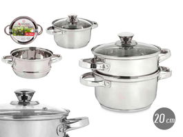 Kinvara Vaporera de Acero Inoxidable 2 Piezas, Capacidad 2.5 L, Tapa de Cristal de 20 cm, Para Lavavajillas (Set de 6)