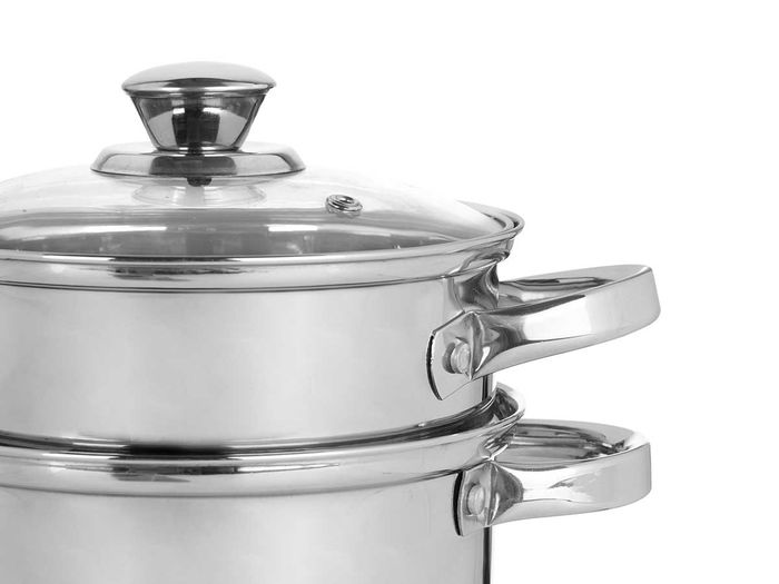 Kinvara Vaporera de Acero Inoxidable 2 Piezas, Capacidad 2.5 L, Tapa de Cristal de 20 cm, Para Lavavajillas (Set de 6)