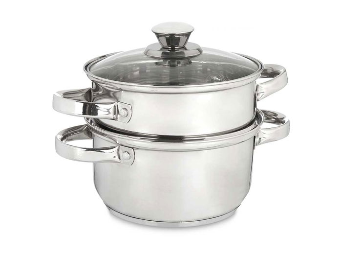 Kinvara Vaporera de Acero Inoxidable 2 Piezas, Capacidad 2.5 L, Tapa de Cristal de 20 cm, Para Lavavajillas (Set de 6)