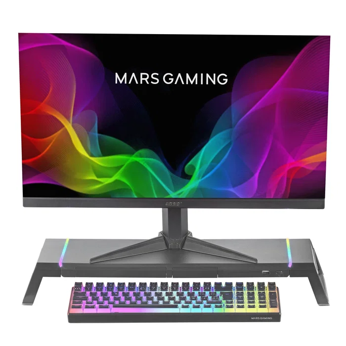 Mars Gaming Soporte de Monitor Gaming MGS-ONE con Iluminación RGB CHROMA, USB 2.0, Soporte para Tablet, Cajón y Ajustable hasta 30 kg - Negro