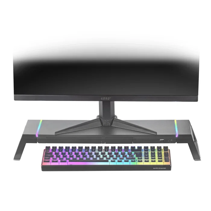 Mars Gaming Soporte de Monitor Gaming MGS-ONE con Iluminación RGB CHROMA, USB 2.0, Soporte para Tablet, Cajón y Ajustable hasta 30 kg - Negro