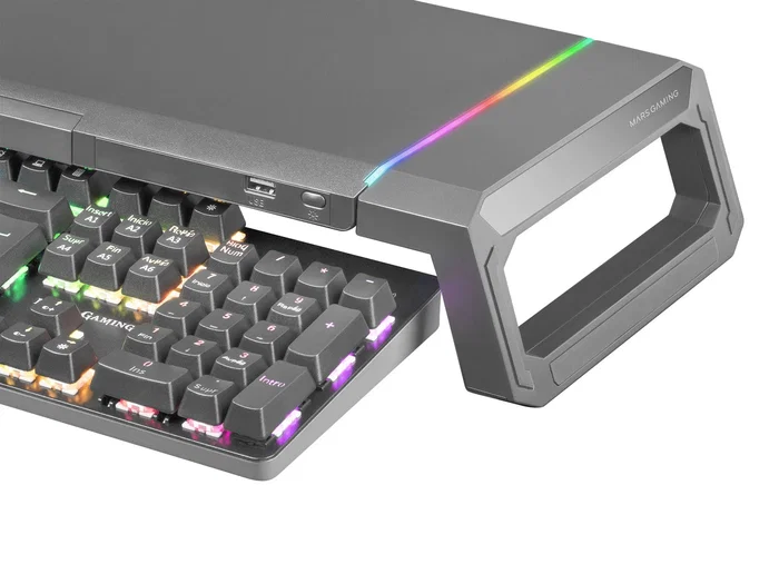 Mars Gaming Soporte de Monitor Gaming MGS-ONE con Iluminación RGB CHROMA, USB 2.0, Soporte para Tablet, Cajón y Ajustable hasta 30 kg - Negro