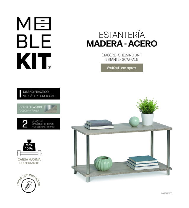 Inde Estanteria Madera-Acero 2 Niveles 42.5 cm (Ancho) x 4.5 cm (Alto) x 92.5 cm (Largo) (2 Unidades)