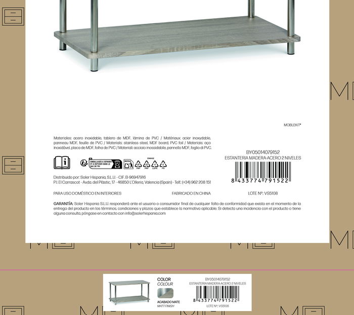 Inde Estanteria Madera-Acero 2 Niveles 42.5 cm (Ancho) x 4.5 cm (Alto) x 92.5 cm (Largo) (2 Unidades)