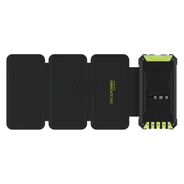 RealPower Powerbank PB-20000 Solar, 20000 mAh, Cargador Inalámbrico, Negro/Verde, Carga Rápida USB-C, Micro-USB, Lightning