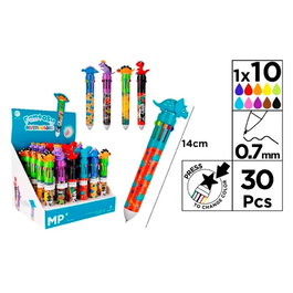 MP Bolígrafos 10 colores dinosaurios 0,7 mm punta fina, diseños surtidos, expositor 30 unidades