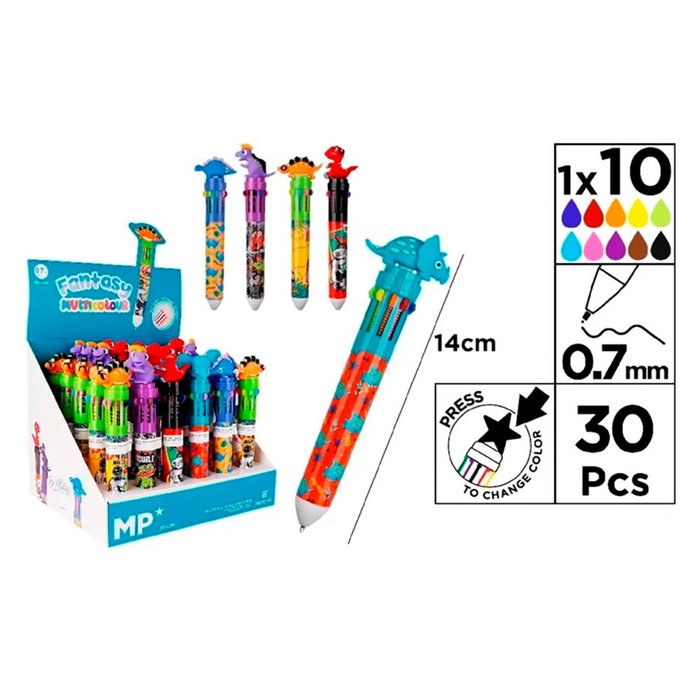 MP Bolígrafos 10 colores dinosaurios 0,7 mm punta fina, diseños surtidos, expositor 30 unidades MP Bolígrafos 10 colores dinosaurios 0,7 mm punta fina, diseños surtidos, expositor 30 unidades