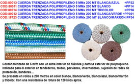 Cuerda trenzada de polipropileno 5 mm x 200 m Blanco/Marrón PP34
