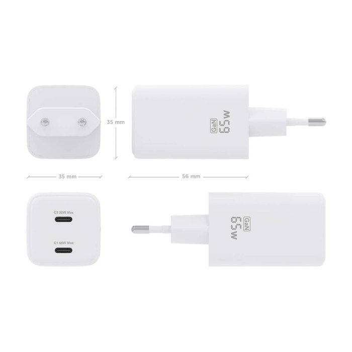 Aisens Cargador GaN 65W con 2 puertos USB-C, Blanco ASCH-65W2P039-W