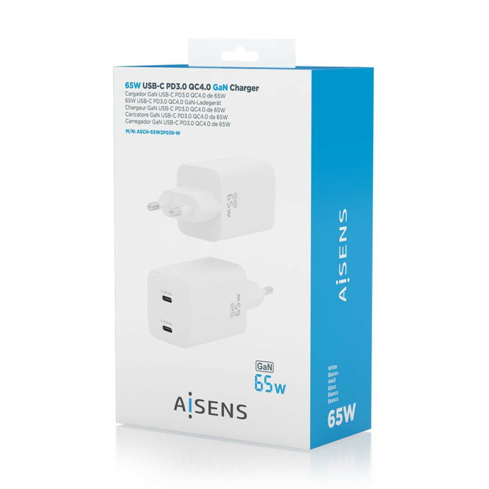 Aisens Cargador GaN 65W con 2 puertos USB-C, Blanco ASCH-65W2P039-W