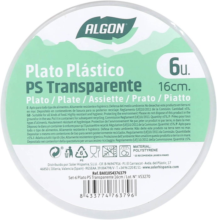 Algon Set-6 Plato Ps Transparente 16 cm (24 Unidades)