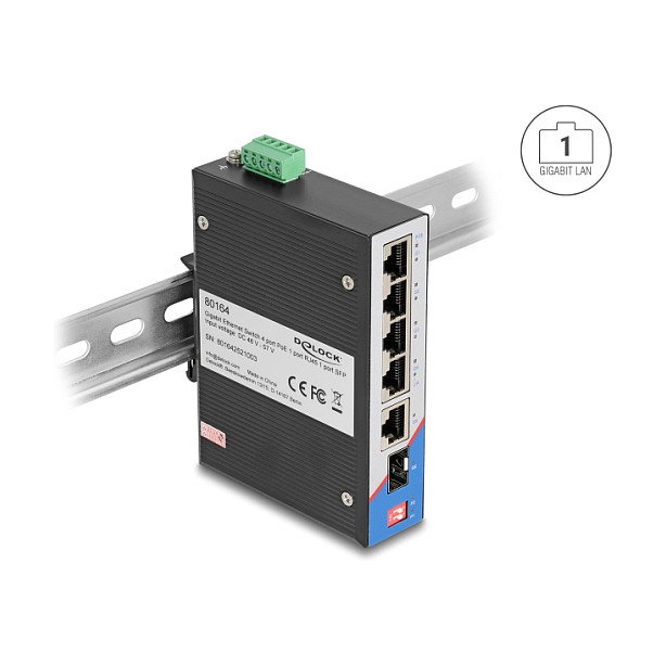 DeLOCK Switch Industrial Ethernet Gigabit 4 Puertos PoE+ 30W 1 Puertos RJ45 1 Ranura SFP 80164 para Carril DIN DeLOCK Switch Industrial Ethernet Gigabit 4 Puertos PoE+ 30W 1 Puertos RJ45 1 Ranura SFP 80164 para Carril DIN