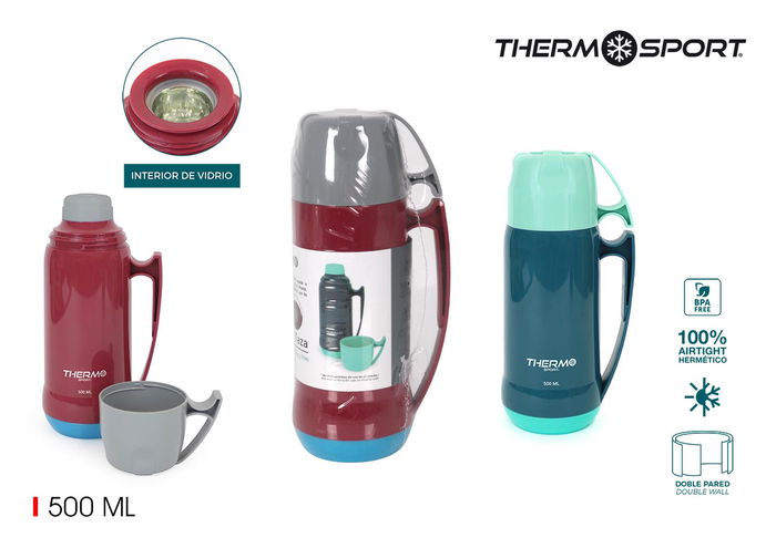 Thermosport Termo de Plástico con Taza 0.5L - Dimensiones: 9 cm (Ancho) x 24 cm (Alto) x 11 cm (Largo) (12 Unidades)