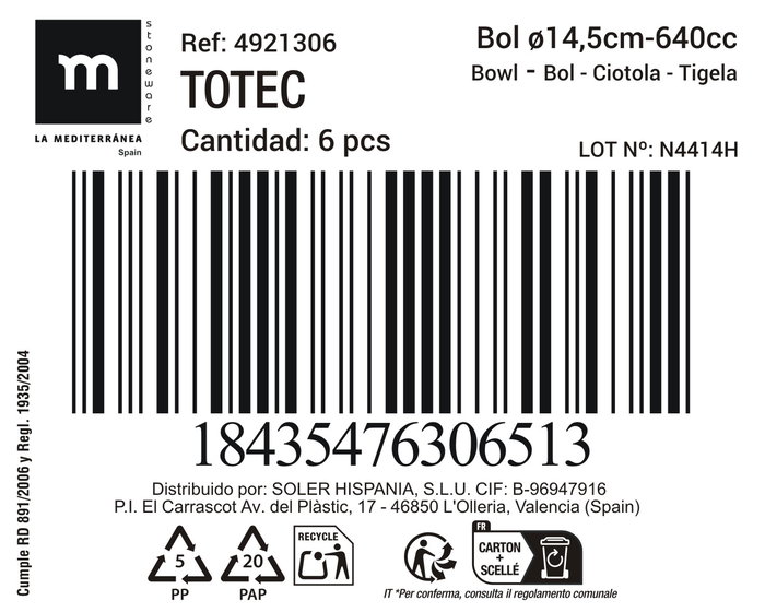 Inde Bol 640 cc Ø 14.5 cm Totec Md (18 Unidades)