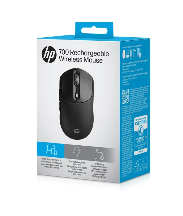 HP Ratón Rechargeable Wireless Mouse 700, Inalámbrico Recargable RF + Bluetooth, 6000 DPI, Botón Copilot, 7 Botones Programables, Ambidiestro, Negro