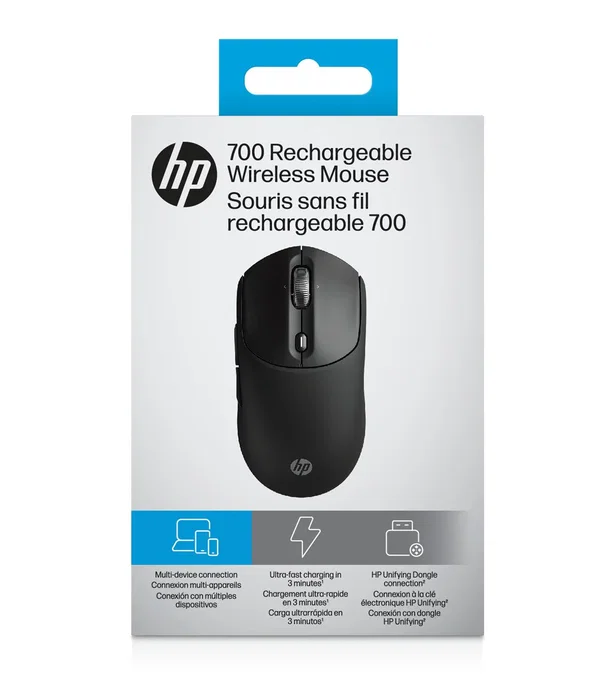 HP Ratón Rechargeable Wireless Mouse 700, Inalámbrico Recargable RF + Bluetooth, 6000 DPI, Botón Copilot, 7 Botones Programables, Ambidiestro, Negro