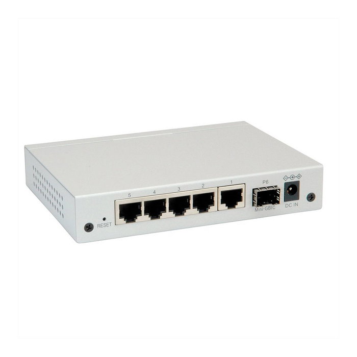 ROLINE 21.14.3523 Switch Ethernet Gigabit Gestionado WebSmart, 6 Puertos (5x RJ-45 10/100/1000 + 1x SFP), Montaje Pared, Metal Gris