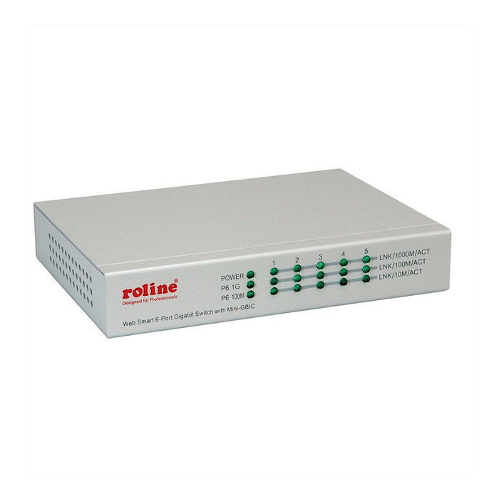 ROLINE 21.14.3523 Switch Ethernet Gigabit Gestionado WebSmart, 6 Puertos (5x RJ-45 10/100/1000 + 1x SFP), Montaje Pared, Metal Gris