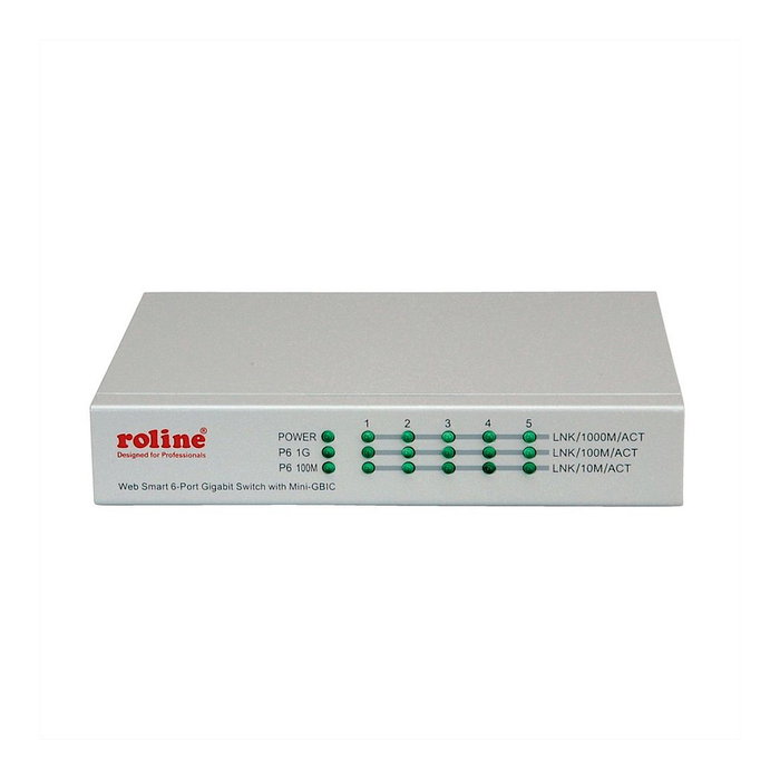 ROLINE 21.14.3523 Switch Ethernet Gigabit Gestionado WebSmart, 6 Puertos (5x RJ-45 10/100/1000 + 1x SFP), Montaje Pared, Metal Gris