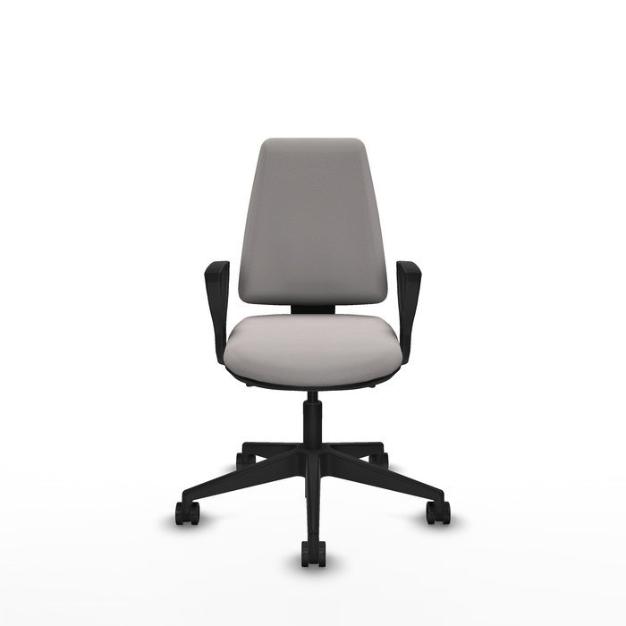 Silla de oficina Elche con mecanismo Asincro tapizada con Similpiel color Blanco. Equipada con Base piramidal negra, Brazos fijos y Ruedas 65mm nailon