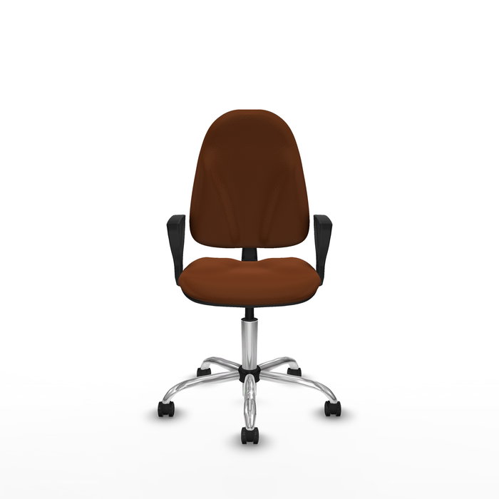 Silla de oficina Algarra con mecanismo Contacto permanente básico tapizada con Similpiel color Marrón. Equipada con Base cromada, Brazos fijos y Ruedas de parqué