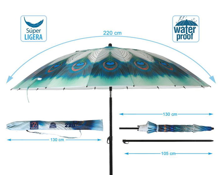 Parasol Pavo Real 220 cm Orient. Aluminio Oxford Upf50+ Verde 210D 28-32 mm