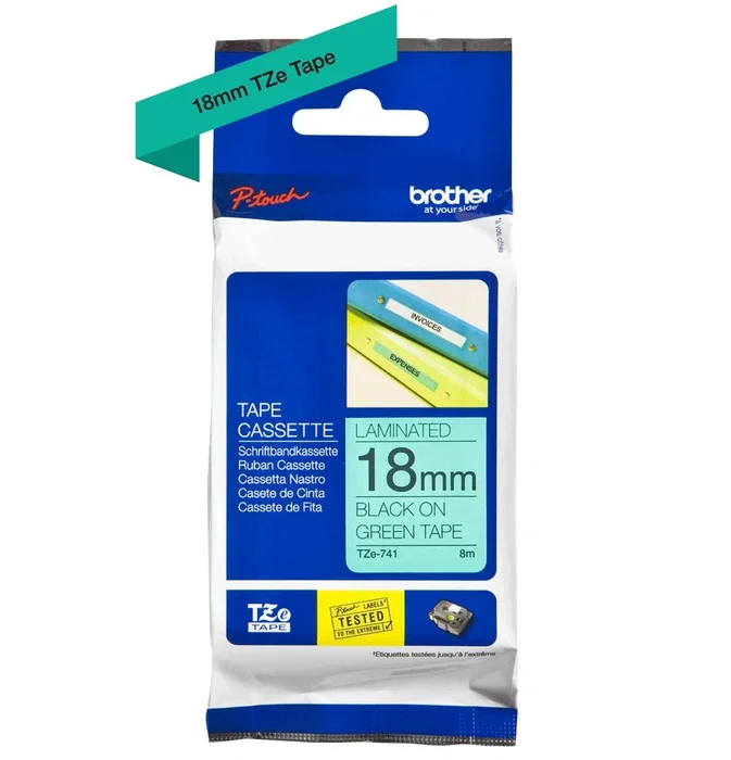 Brother TZe-741 Cinta Laminada 18mm x 8m Negro sobre Verde