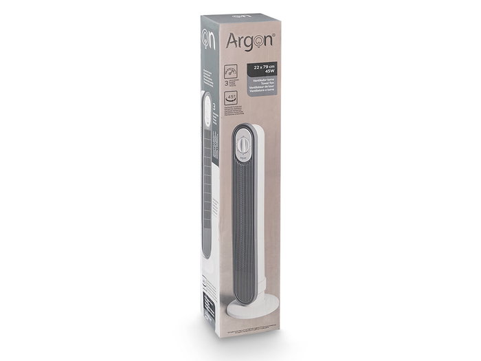 Argon Ventilador Torre Giratoria 45W Blanco Gris 22x78x22cm 3 Velocidades Oscilación 90°