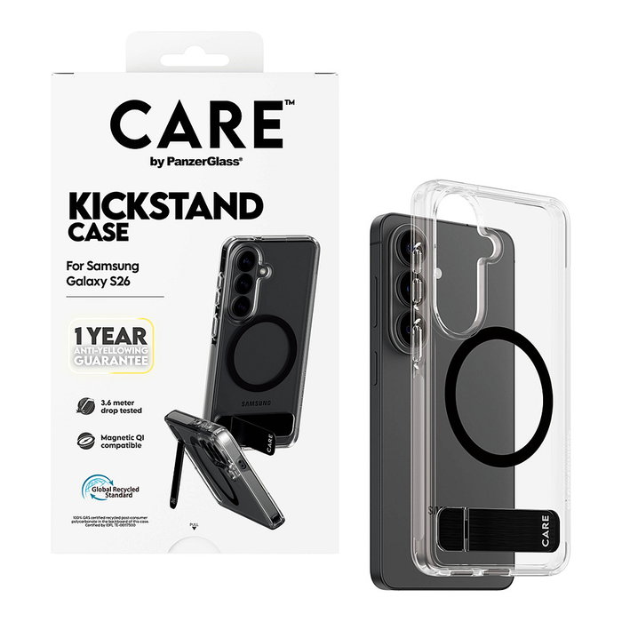 PanzerGlass CARE Urban Explorer Case Transparente con Soporte y Carga Qi para Samsung Galaxy S26 - Funda Protectora Antiamarilleamiento TPU