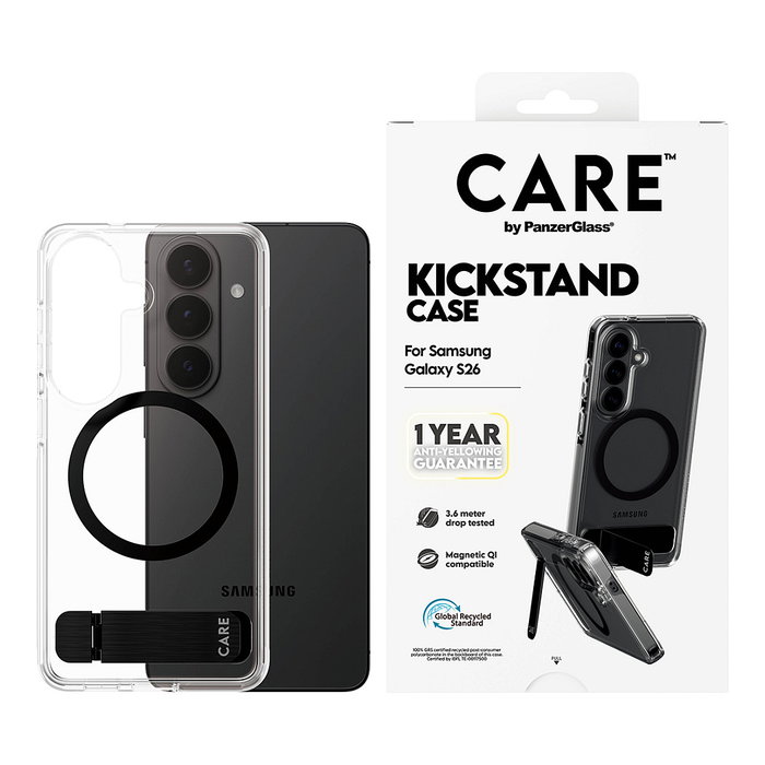 PanzerGlass CARE Urban Explorer Case Transparente con Soporte y Carga Qi para Samsung Galaxy S26 - Funda Protectora Antiamarilleamiento TPU