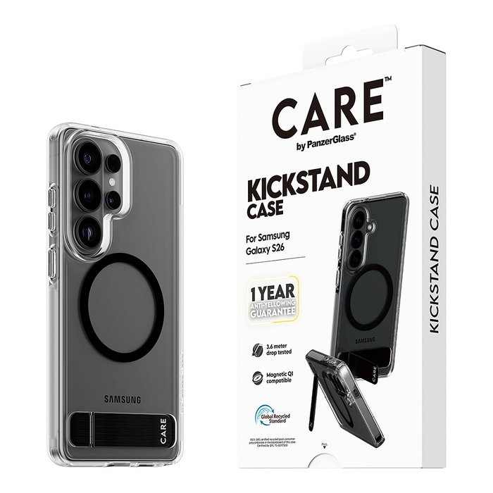 PanzerGlass CARE Urban Explorer Case Transparente con Soporte y Carga Qi para Samsung Galaxy S26 - Funda Protectora Antiamarilleamiento TPU