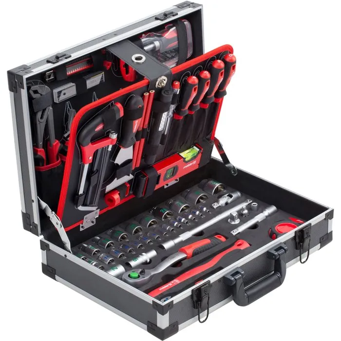 Meister - Caja de herramientas de aluminio de 131 piezas con alicates, llaves, destornilladores, probador, enchufes y mango de trinquete
