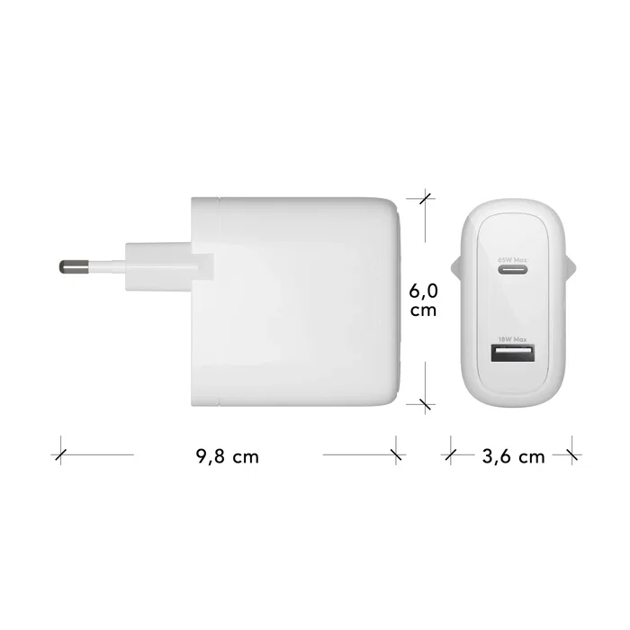 Dbramante1928 Adaptador de Corriente 65W 2 Puertos (USB-C y USB) Blanco CI65EUWH7100 para Europa