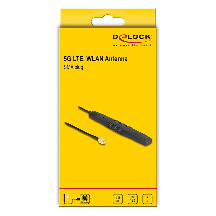 DeLOCK Antena 5G LTE WLAN Omnidireccional SMA 2,5 dBi 0.6-6 GHz Frecuencia Negra Autoadhesiva 3 m de Cable - 1 Pieza