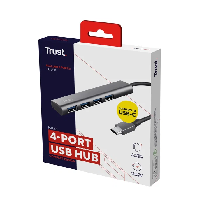 Trust Hub USB 3.2 Gen 1 con Puerto Tipo-C, 4 Puertos USB-A, 5 Gbit/s, Gris, Cable de 0.1m, Compatible con Windows, Mac, ChromeOS