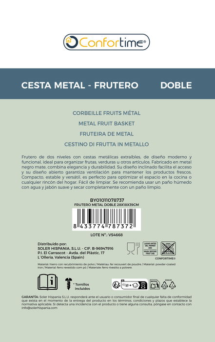 Inde Prj Frutero Metal Doble para Fruta y Verduras, 28 x 18 x 39 cm (6 Unidades)