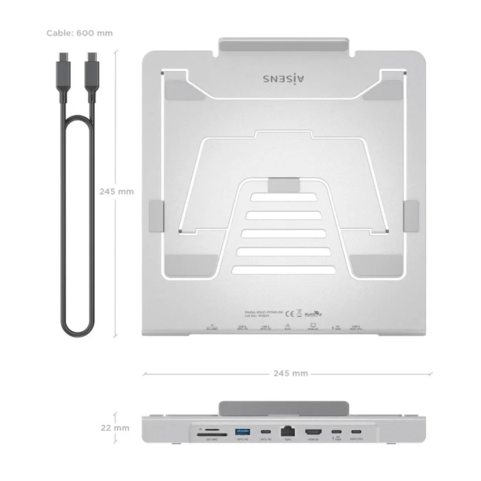 Aisens Soporte de Sobremesa Ajustable con Docking USB-C 7 en 1, Gris