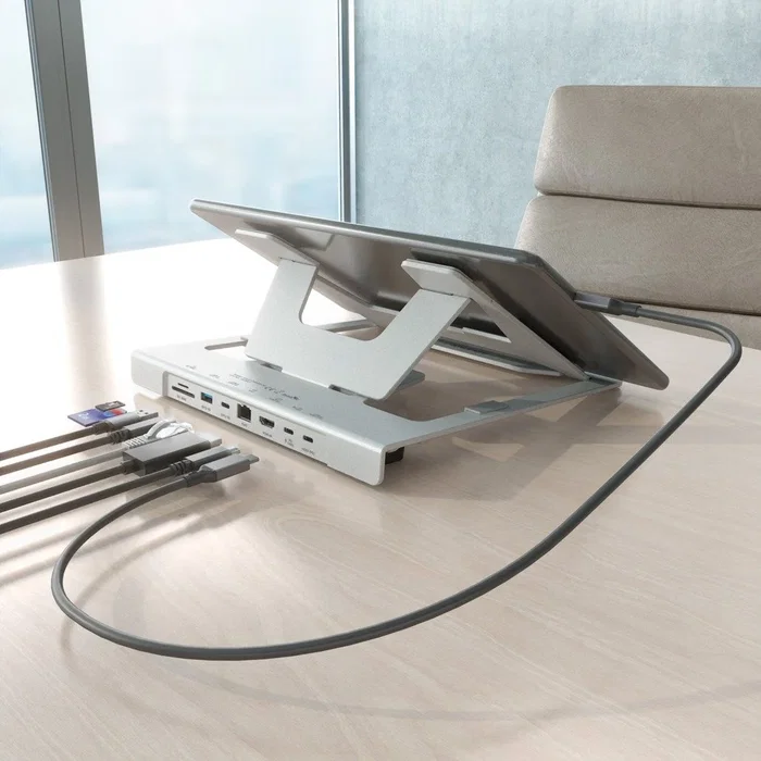 Aisens Soporte de Sobremesa Ajustable con Docking USB-C 7 en 1, Gris
