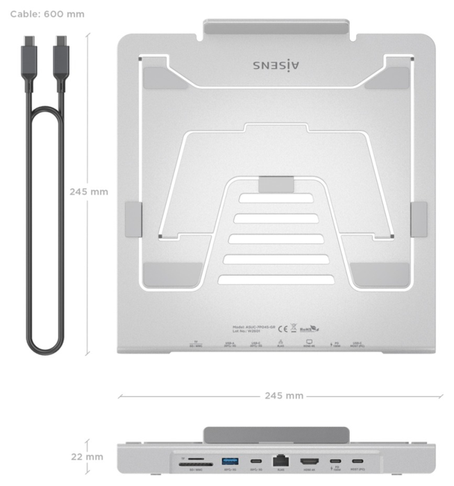 Aisens Soporte de Sobremesa Ajustable con Docking USB-C 7 en 1, Gris