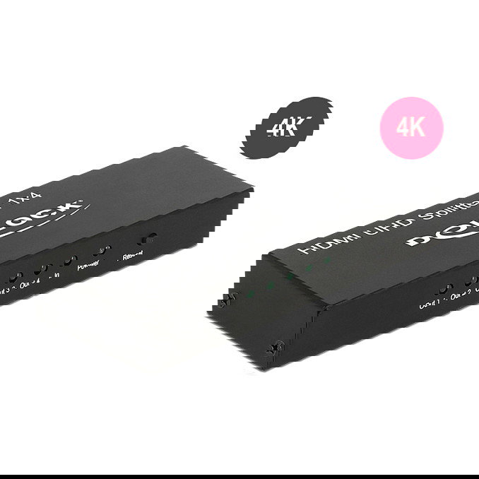 DeLOCK Adaptador HDMI Splitter 18684 - 1 Entrada 4 Salidas, 4K UHD 3840 x 2160 Pixeles, 600 MHz, Negro, Metal DeLOCK Adaptador HDMI Splitter 18684 - 1 Entrada 4 Salidas, 4K UHD 3840 x 2160 Pixeles, 600 MHz, Negro, Metal