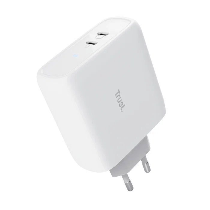 Trust Maxo Cargador de Pared USB-C Doble 65W con Carga Rápida PD 3.0, Protección Sobrecarga/Sobrecorriente, Blanco, Enchufe EU