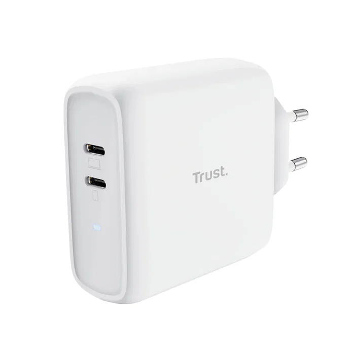 Trust Maxo Cargador de Pared USB-C Doble 65W con Carga Rápida PD 3.0, Protección Sobrecarga/Sobrecorriente, Blanco, Enchufe EU
