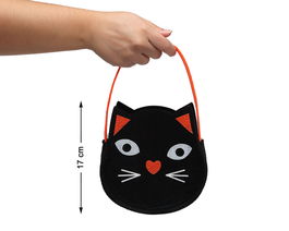 Cesta de Fieltro Gato Negro 17 cm Con Asa Naranja Para Caramelos Halloween