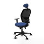 Silla de oficina Jorquera con mecanismo Sincro tapizada con Tela color Azul marino y malla color Negro. Equipada con lumbar 1D, Brazos 1D, Cabecero Fijo y Ruedas 65 mm parqué