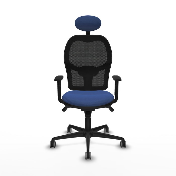 Silla de oficina Jorquera con mecanismo Sincro tapizada con Tela color Azul marino y malla color Negro. Equipada con lumbar 1D, Brazos 1D, Cabecero Fijo y Ruedas 65 mm parqué