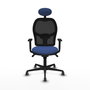 Silla de oficina Jorquera con mecanismo Sincro tapizada con Tela color Azul marino y malla color Negro. Equipada con lumbar 1D, Brazos 1D, Cabecero Fijo y Ruedas 65 mm parqué
