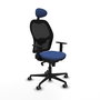 Silla de oficina Jorquera con mecanismo Sincro tapizada con Tela color Azul marino y malla color Negro. Equipada con lumbar 1D, Brazos 1D, Cabecero Fijo y Ruedas 65 mm parqué
