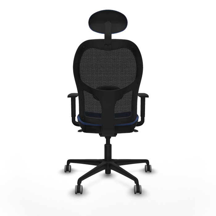 Silla de oficina Jorquera con mecanismo Sincro tapizada con Tela color Azul marino y malla color Negro. Equipada con lumbar 1D, Brazos 1D, Cabecero Fijo y Ruedas 65 mm parqué