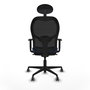 Silla de oficina Jorquera con mecanismo Sincro tapizada con Tela color Azul marino y malla color Negro. Equipada con lumbar 1D, Brazos 1D, Cabecero Fijo y Ruedas 65 mm parqué
